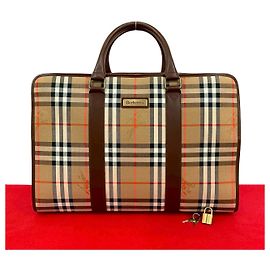 Burberrys Leather Canvas Boston Bag Brown Beige