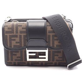 Fendi Canvas Leather Double Baguette Shoulder Bag Brown