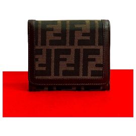 Fendi Zucca Canvas Leather Trifold Wallet Brown