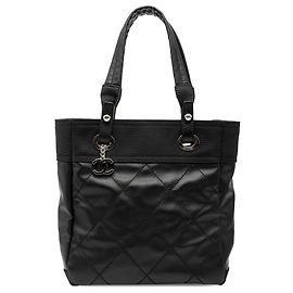 Chanel Black Small Quilted Coated Canvas Paris Biarritz Tote Black