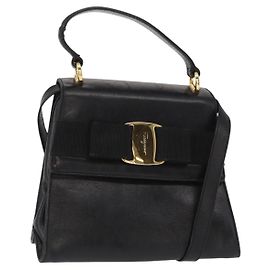 Bolsa de mão Vala em couro 2 em 1 preta e dourada Auth BA8780 da Salvatore Ferragamo Preto Dourado