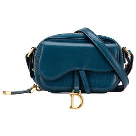 Pochette en cuir de chèvre bleu mini Saddle Dior Bleu