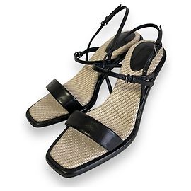 Max Mara Leather Straw Sandals Black Beige