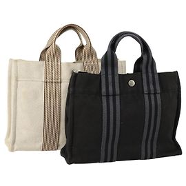 Hermès HERMES Bag Canvas 2 Set Black Light Beige Auth 151314 Black Beige