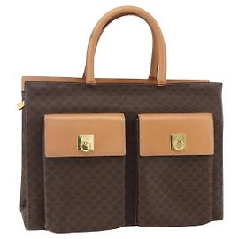 Céline CELINE Macadam Canvas Tote Bag PVC Leather Brown Gold Auth ka860 Brown Golden