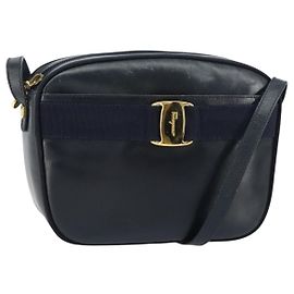 Borsa a Spalla Salvatore Ferragamo Vala in Pelle Blu Navy Oro Auth BA8897 D'oro Blu navy
