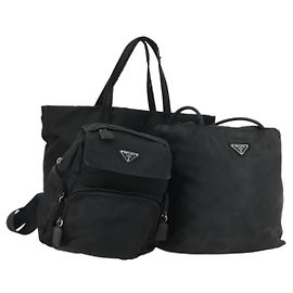 PRADA Borsa a Mano Nylon 3 Pezzi Nera Auth 151495 Nero