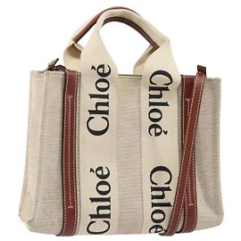 Chloé Bolsa de mão Woody em lona e couro Chloe 2 em 1 Bege Dourado Auth am9996 Bege Dourado