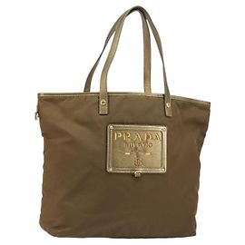 Bolsa Tote Prada Nylon Marrom Dourado Auth 156457 Marrom Dourado