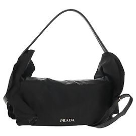 PRADA Bolso de Mano con Volantes de Nylon 2 en 1 Plata Negro Auth am10099V Negro Plata