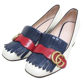 Gucci GG Marmont Leder-Pumps Weiß Rot Aus weiß Marineblau