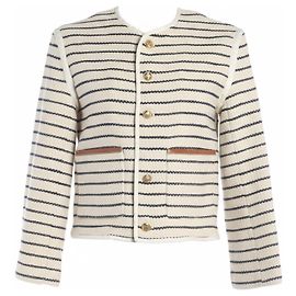 Céline Giacca Rigata in Cotone e Lino Crema Navy Beige