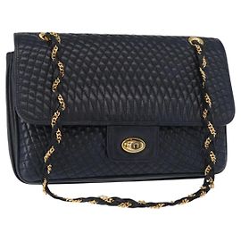 Borsa a Spalla Vintage Bally in Pelle Blu navy