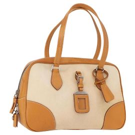 PRADA Boston Bag Canvas Beige Silver Auth ep12540 Silvery Beige