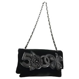Borsa a Spalla CHANEL Chain Camellia No.5 Velluto Nero Argento CC Auth 159584V Nero Argento