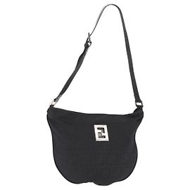 FENDI Zucca Canvas Shoulder Bag Black Silver Auth 156481 Black Silvery