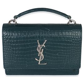 Saint Laurent Teal Calfskin Crocodile Embossed Monogram Sunset Chain Wallet Blue Green