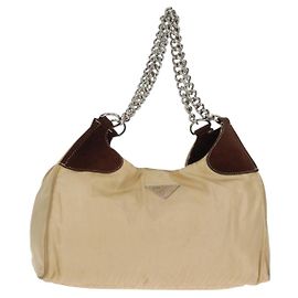 PRADA Chain Shoulder Bag Nylon Beige Silver Auth 160872 Silvery Beige