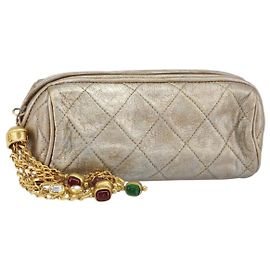 Chanel Pochette Matelassée en Cuir Champagne Doré CC Auth bs32089 Doré