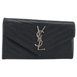 SAINT LAURENT Cartera Larga Cassandra Cuero Negro Plata Auth 158181 Negro Plata