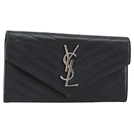 SAINT LAURENT Cassandra Long Wallet Leather Black Silver Auth 158181 Black Silvery
