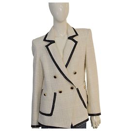 Blazer de bouclê creme Veronica Beard com acabamento preto – Feito nos EUA, Tamanho 10 Cru