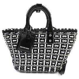 Balenciaga Bistro Basket Bag Leather 2way Handbag Black White Grey