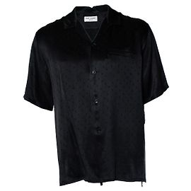 Camicia in seta con stampa di lettere a maniche corte Saint Laurent Nero