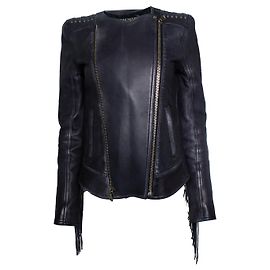 Veste de biker en cuir à lacets Balmain avec franges Noir