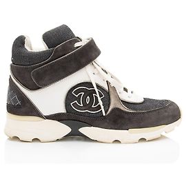 Chanel Canvas Leather CC High Top Sneakers - Size 7 / 37 Black