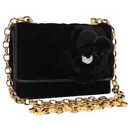 CHANEL Borsa a Spalla Matelassé Catena Camelia Velluto Nero Oro CC Auth 158865V Nero D'oro