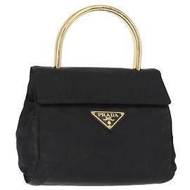 PRADA Sac à main en nylon noir doré Auth 158131 Noir Doré