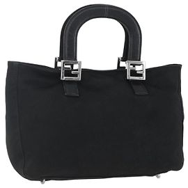 FENDI Hand Bag Nylon Black Silver Auth 157127 Black Silvery