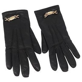 Luvas de couro preto e dourado GUCCI Auth bs32092 Preto Dourado