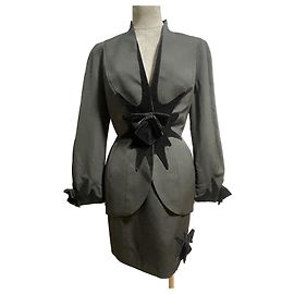 Tailleur saia Thierry Mugler preto de lã e veludo Preto