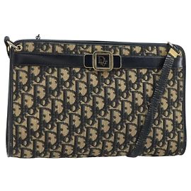 Christian Dior Trotter Canvas Shoulder Bag Navy Gold Auth BA9130 Golden Navy blue