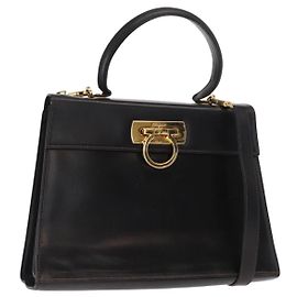 Borsa a mano in pelle Gancini 2 in 1 nera e oro Salvatore Ferragamo Auth ka1065 Nero D'oro