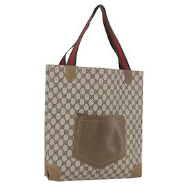 GUCCI GG Supreme Web Sherry Line Tote Bag PVC Beige Red Auth 160581 Red Beige