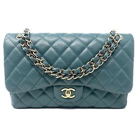 Bolsa Chanel Jumbo Timeless/ Clássica de dupla aba em couro caviar matelassé verde Verde escuro