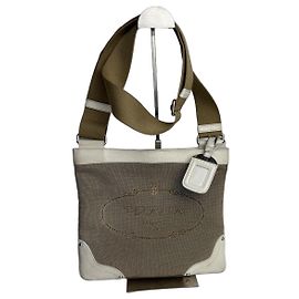 Bolsa de ombro Prada BT0537 Bege em Lona e Couro Cinza