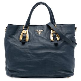 Bolsa de compras conversível aberta em couro de bezerro macio azul Prada Azul Azul marinho