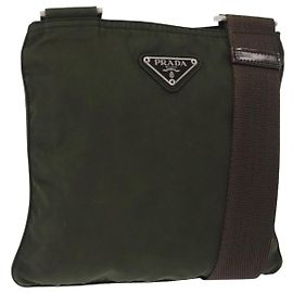 PRADA Shoulder Bag Nylon Khaki Silver Auth 156928 Silvery Khaki