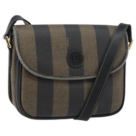 FENDI Pecan Canvas Shoulder Bag PVC Black Brown gold Auth bs32065 Brown Black Golden