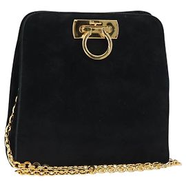 Bolsa de Ombro Gancini Chain Salvatore Ferragamo em Camurça Preta e Dourada Auth 148567 Preto Dourado