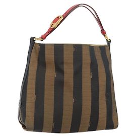 FENDI Pecan Canvas Shoulder Bag Black Brown gold Auth bs32066 Brown Black Golden