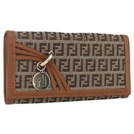 FENDI Zucchino Canvas Long Wallet Brown Gold Auth am10296V Brown Golden