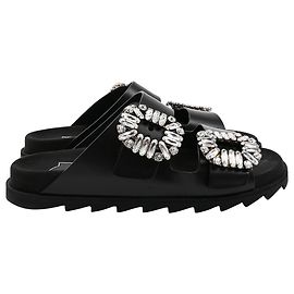 Roger Vivier Slidy Viv Mules in Black Leather Black