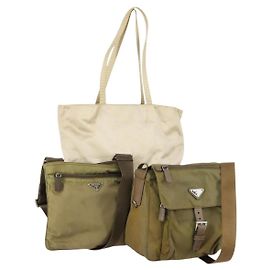 PRADA Sac à main Nylon 3 pièces Vert Beige Auth 157831 Beige Vert