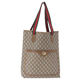 GUCCI GG Plus Supreme Web Sherry Line Tote Bag PVC Beige Gold Auth BA9029 Beige Golden