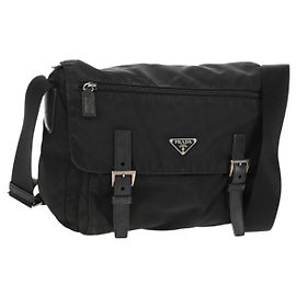Prada Double Buckle Flap Messenger Bag Tessuto Large Black